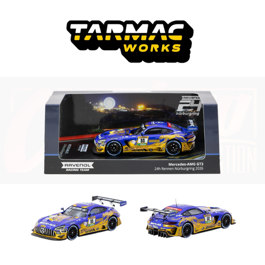 Tarmac Works 1:64 Mercedes-AMG GT3 #80 Ravenol Racing Team 24h Nürburgring 2026 blue and yellow race car diecast model, T64-062-26NUR80.
