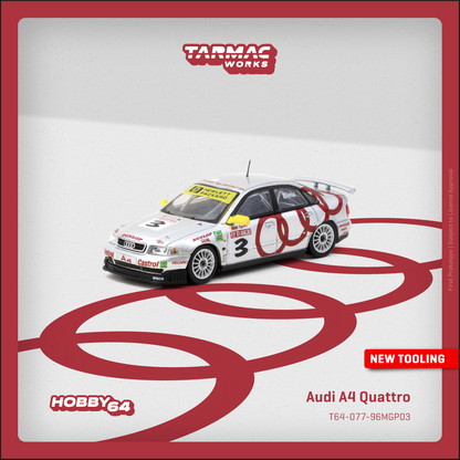 Model car of Audi A4 Quattro on a white background with Tarmac Works branding.