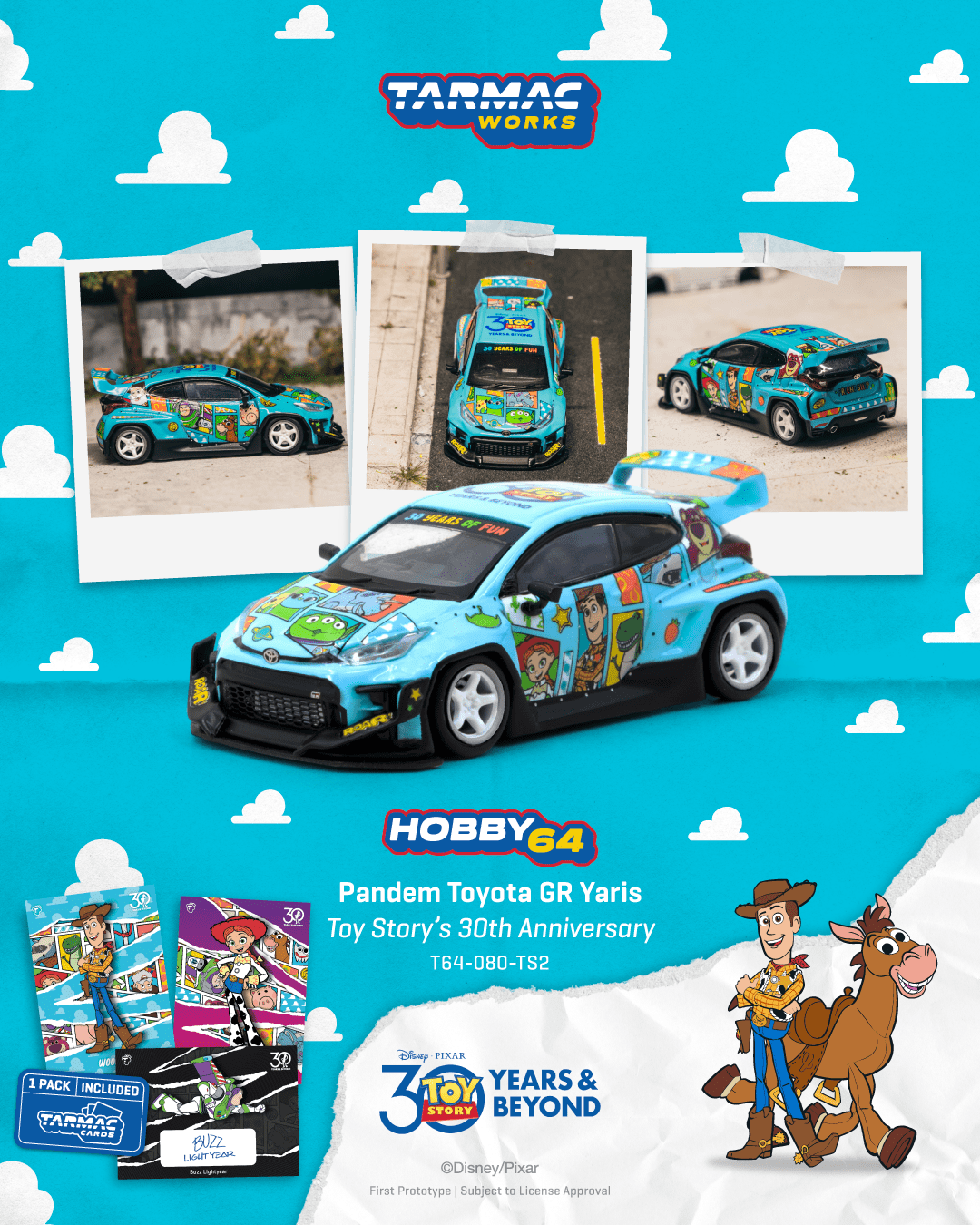 Toy car with Toy Story design on a blue background with cloud illustrations, featuring Tarmac Works and Hobby64 branding.