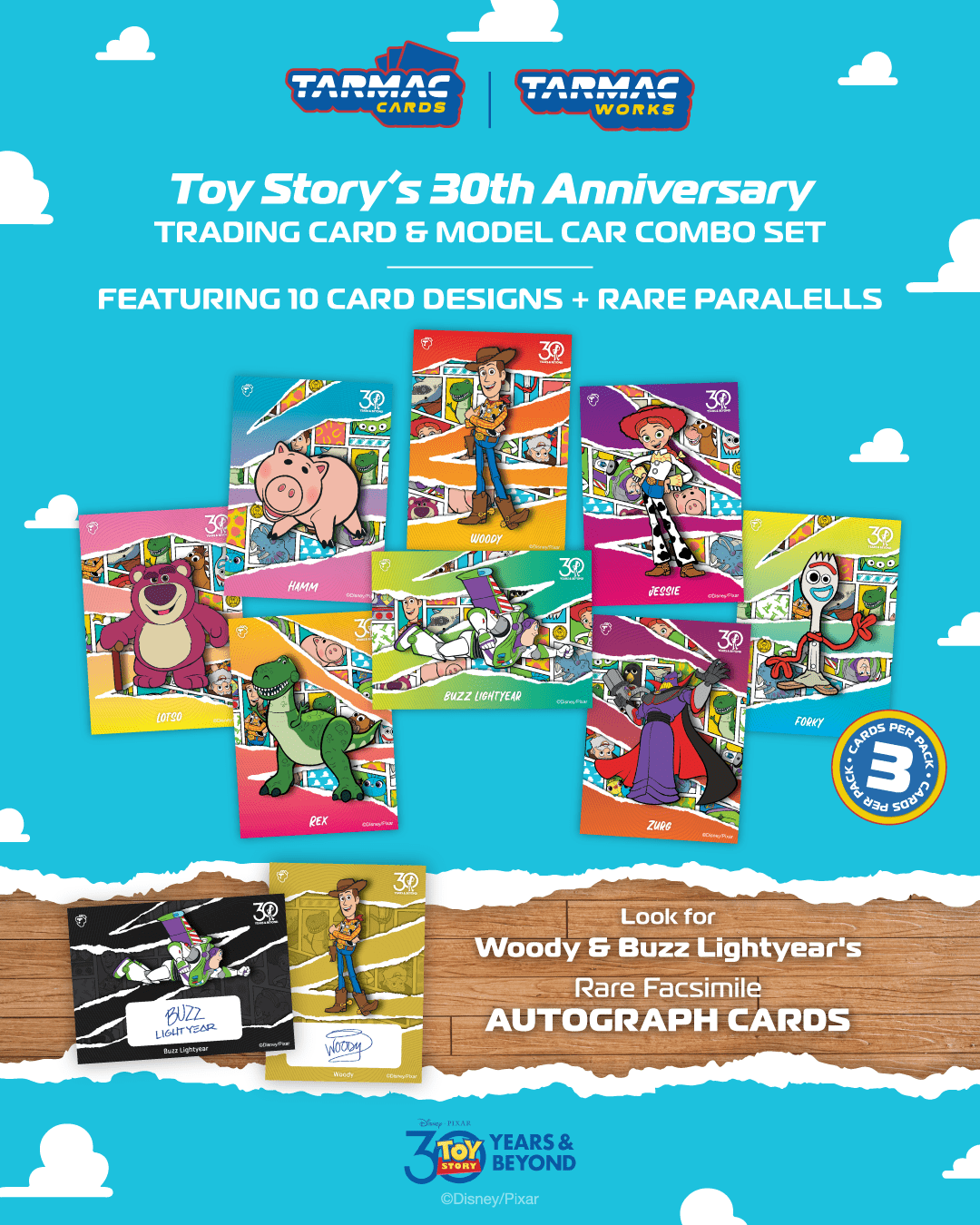 Toy Story 30th Anniversary trading card and model car combo set packaging with character illustrations on a blue background.