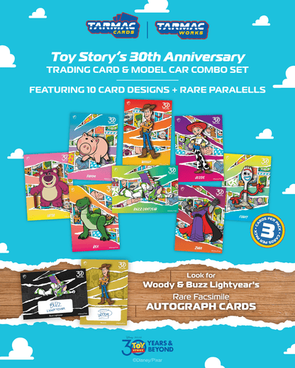 Toy Story 30th Anniversary trading card and model car combo set packaging with character illustrations on a blue background.