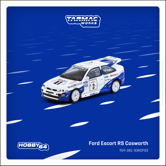 Model car of Ford Escort RS Cosworth on a blue background with Tarmac Works and Hobby64 branding.