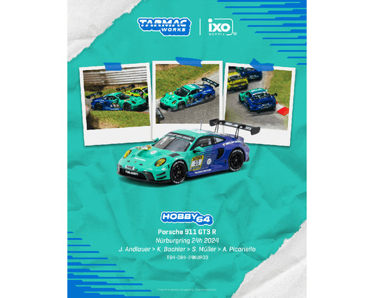 Model car display with 'Hobby64' Porsche 911 GT3 R on a teal background, featuring Tarmac Works and IXO logos.