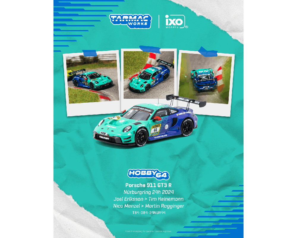 Model of a Porsche 911 GT3 R with racing decals is displayed in front of three photos showing the real car on a track. Text lists driver names and race details.