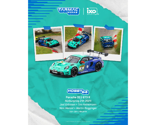 Model of a Porsche 911 GT3 R with racing decals is displayed in front of three photos showing the real car on a track. Text lists driver names and race details.