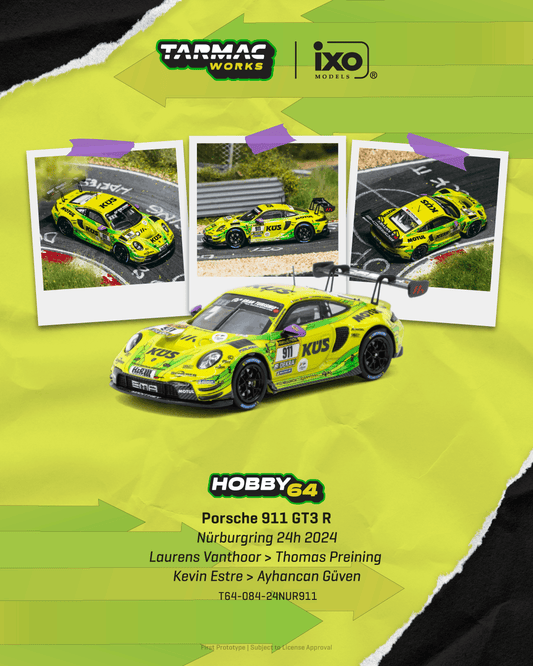Promotional graphic for a Tarmac Works x ixo Models Hobby64 Porsche 911 GT3 R model car. The central subject is a detailed diecast model car in a vibrant lime green and yellow livery with black accents.
