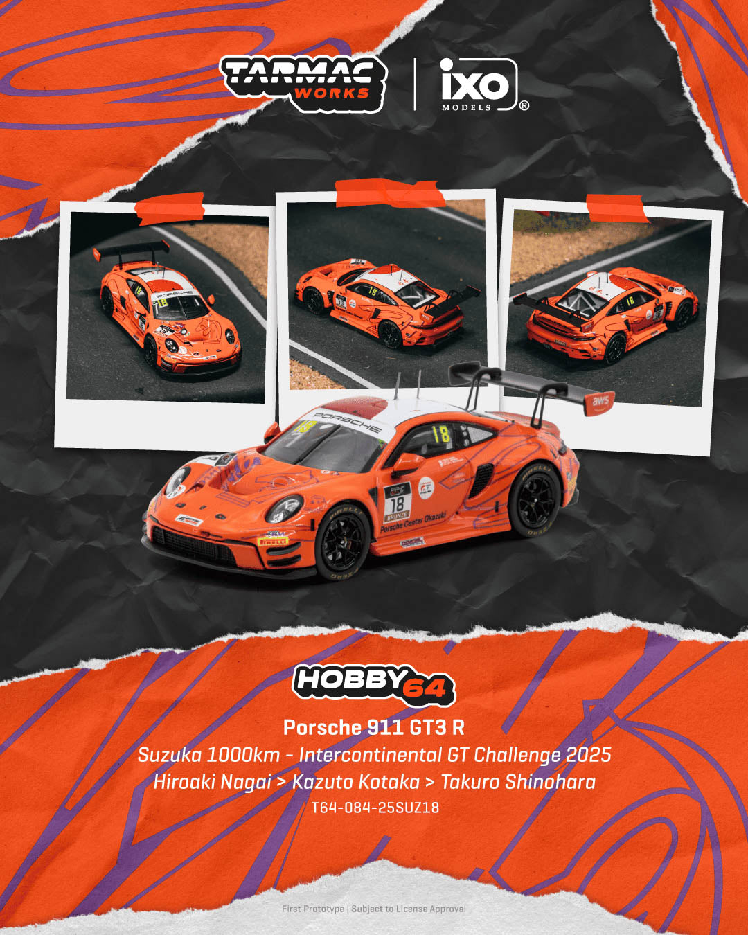 Tarmac Works 1:64 Porsche 911 GT3 R #18 orange Suzuka 1000km 2025 Intercontinental GT Challenge diecast model, multi-angle view