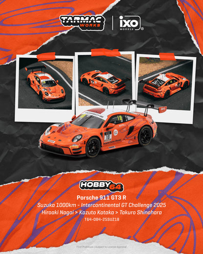 Tarmac Works 1:64 Porsche 911 GT3 R #18 orange Suzuka 1000km 2025 Intercontinental GT Challenge diecast model, multi-angle view