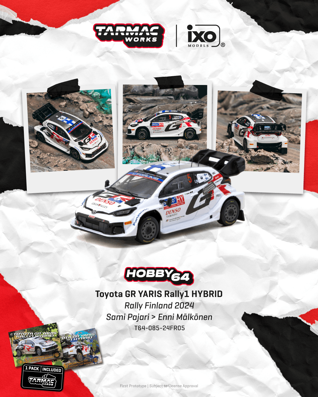 Promotional product graphic for a Tarmac Works x Ixo Models Hobby64 1:64 scale model car of a Toyota GR Yaris Rally1 Hybrid. The main subject is a white model car with red, blue, and black racing decals, shown alongside three polaroid-style photos of the real car in rally conditions.