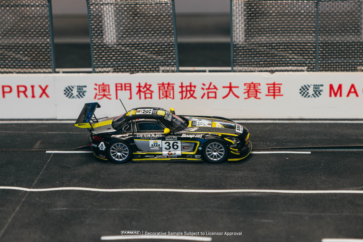 Tarmac Works 1:64 Mercedes-Benz SLS AMG GT3 #36 Maro Engel 2013 Macau GT Cup diecast model on race track diorama