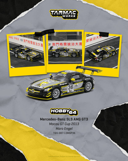 Tarmac Works 1:64 Mercedes-Benz SLS AMG GT3 #36 Maro Engel 2013 Macau GT Cup race car diecast model, multi-angle view