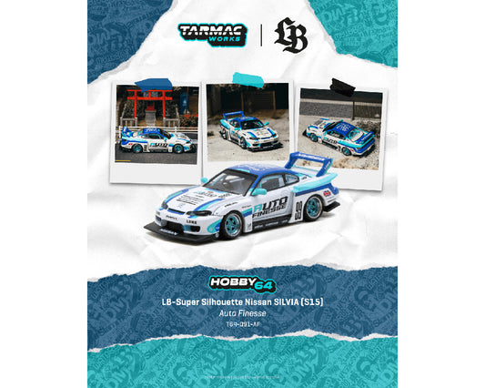 Model car packaging with Tarmac Works and Hobby64 branding, featuring a Nissan Silvia S15.