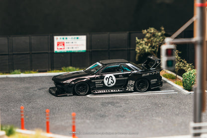 Tarmac Works 1:64 LB-KAIDO WORKS Nissan R32 Skyline #23 black Liberty Walk widebody diecast model in Japanese street scene