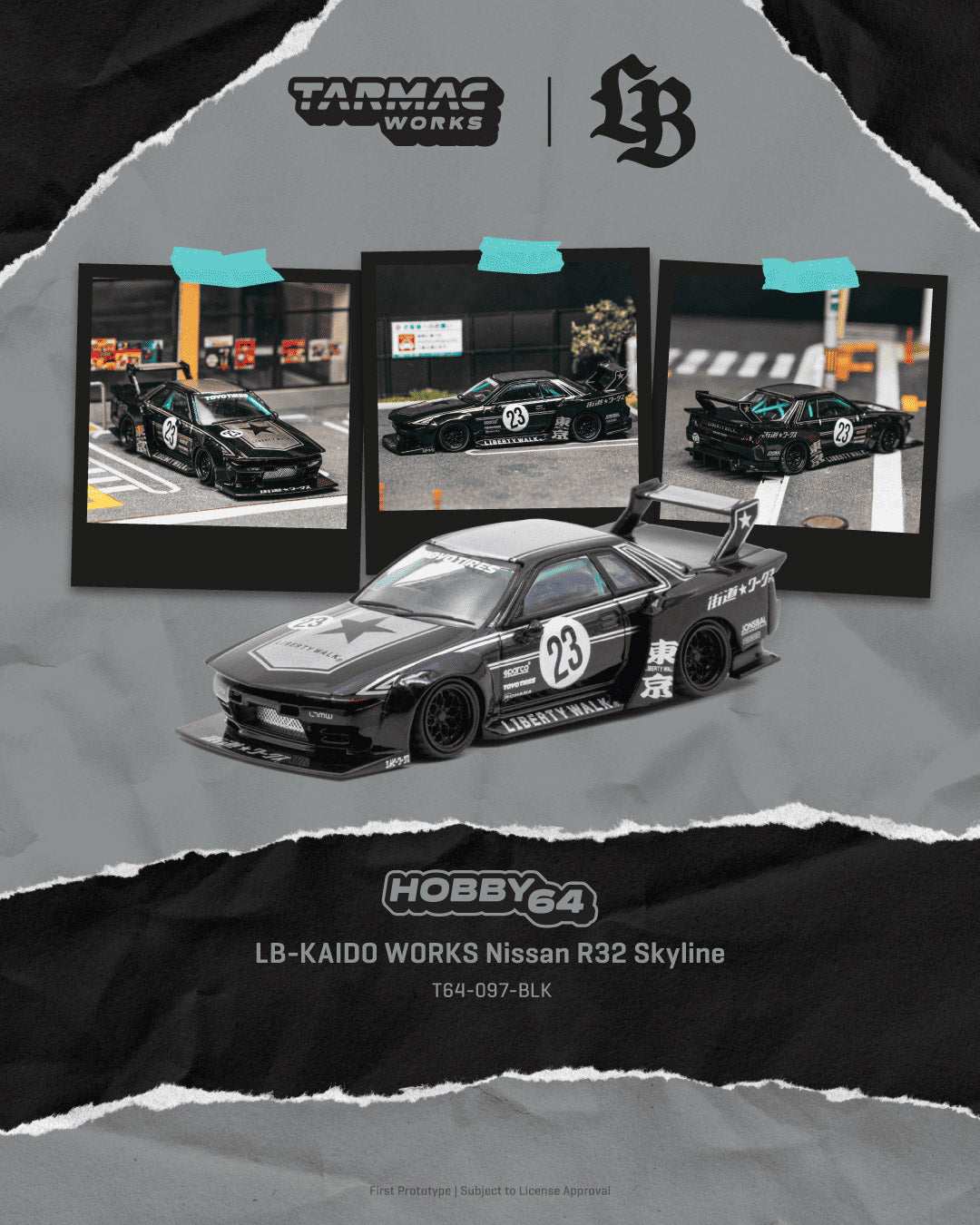 Tarmac Works Hobby64 1:64 LB-KAIDO WORKS Nissan R32 Skyline #23 black Liberty Walk widebody diecast model
