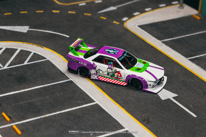 A toy car styled like Buzz Lightyear's suit, with purple and green accents, races on a miniature track.
