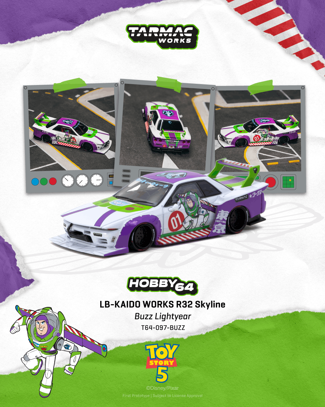 A Tarmac Works toy car: an LB-Kaido Works R32 Skyline decorated in white, purple, and lime green with Buzz Lightyear decals. The car is shown from multiple angles next to the "Toy Story 5" logo.