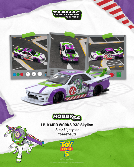 A Tarmac Works toy car: an LB-Kaido Works R32 Skyline decorated in white, purple, and lime green with Buzz Lightyear decals. The car is shown from multiple angles next to the "Toy Story 5" logo.