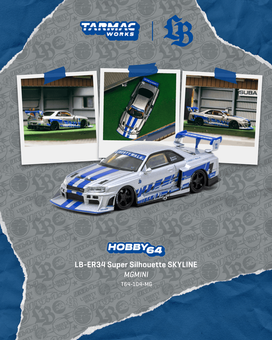 A Tarmac Works Hobby64 LB-ER34 Super Silhouette Skyline MG Mini model car, shown in a white and blue livery with 'SKYLINE' and 'MG MINI' decals. The main car is displayed in the foreground, with three retro-style instant photo prints showing other angles of the model car.