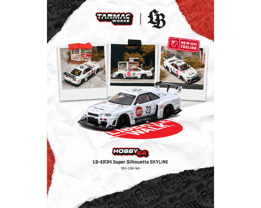 A diecast model of a white LB-ER34 Super Silhouette Skyline car is featured with three reference photos, Tarmac Works and Hobby64 branding, and product information on the page.