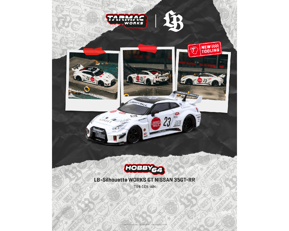 Model car with 'Tarmac Works' and 'Hobby64' branding on a textured background