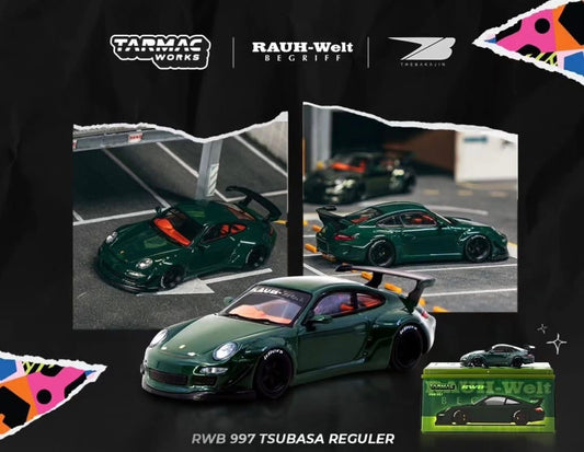 Promotional image of a green car model with Tarmac Works branding and product packaging.