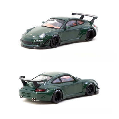 Two green rwb 997 model cars on a white background