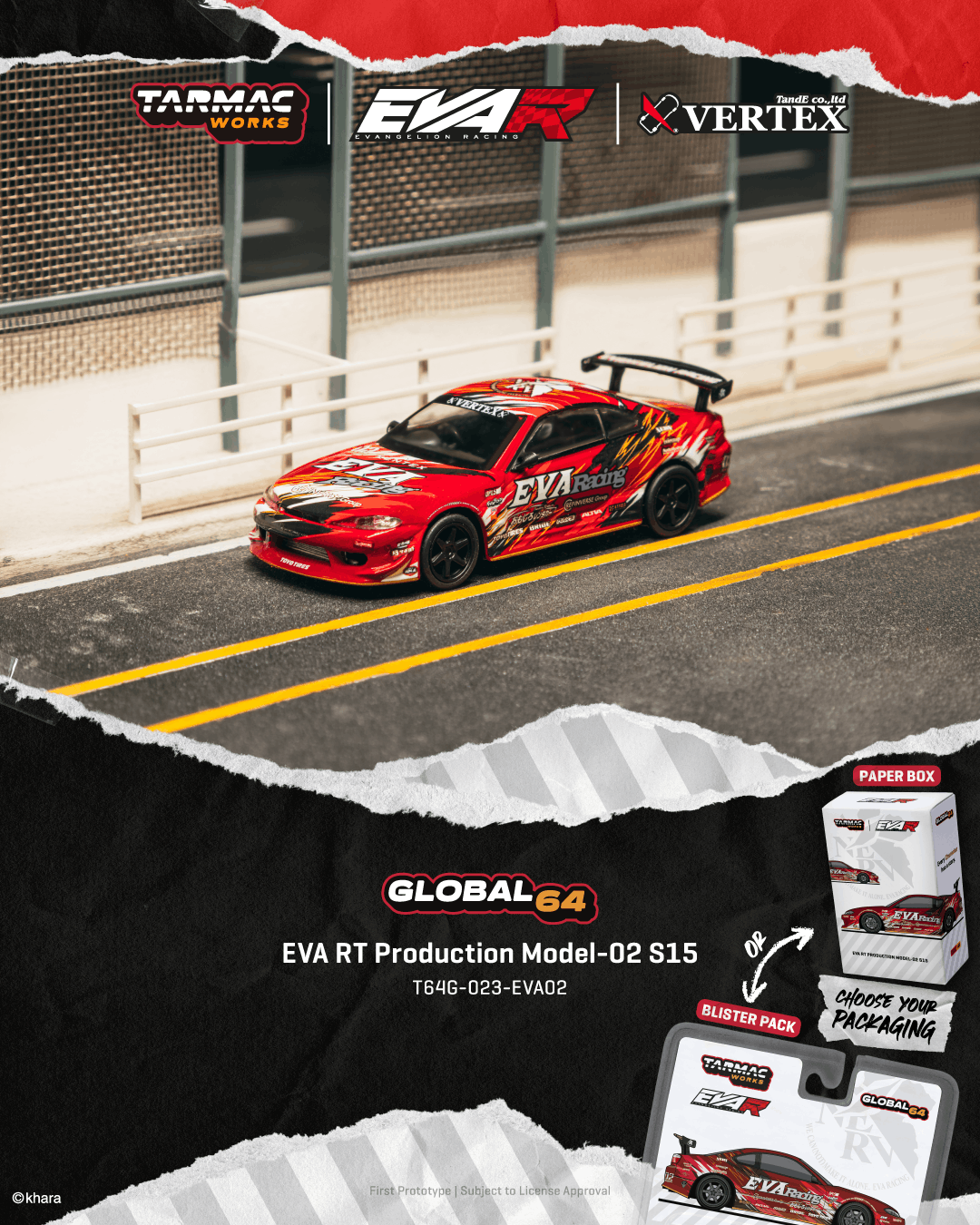 Model car on a road with Tarmac Works, EVA R, and Vertex branding.