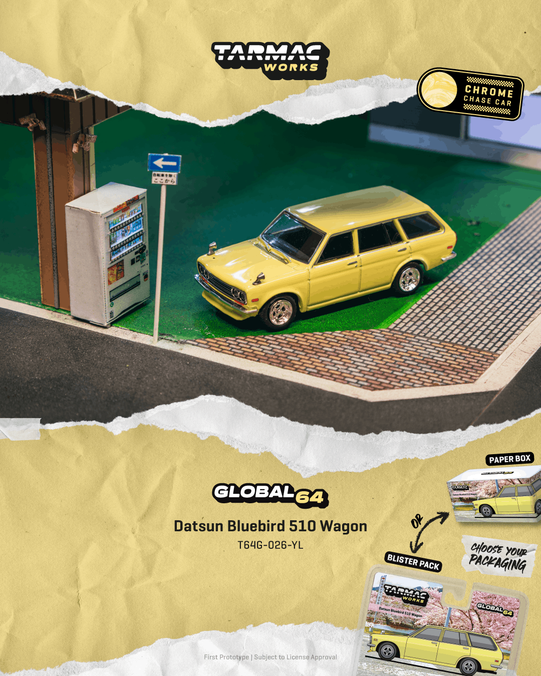 Model of a yellow Datsun Bluebird 510 Wagon on a miniature street scene with Tarmac Works branding.