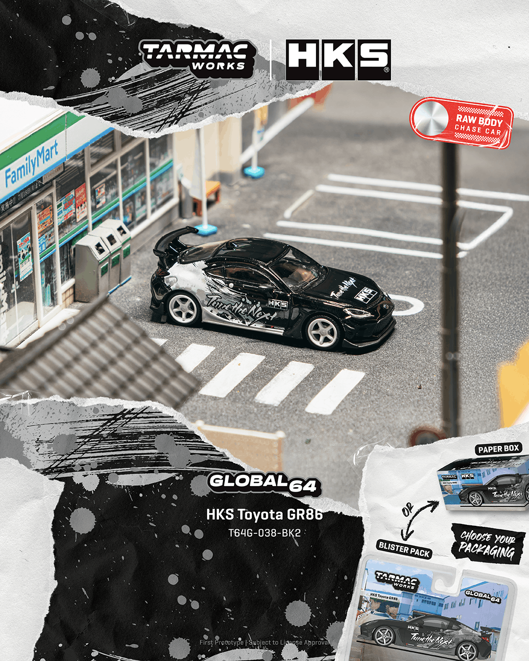 Model car on a street with Tarmac Works and HKS branding.