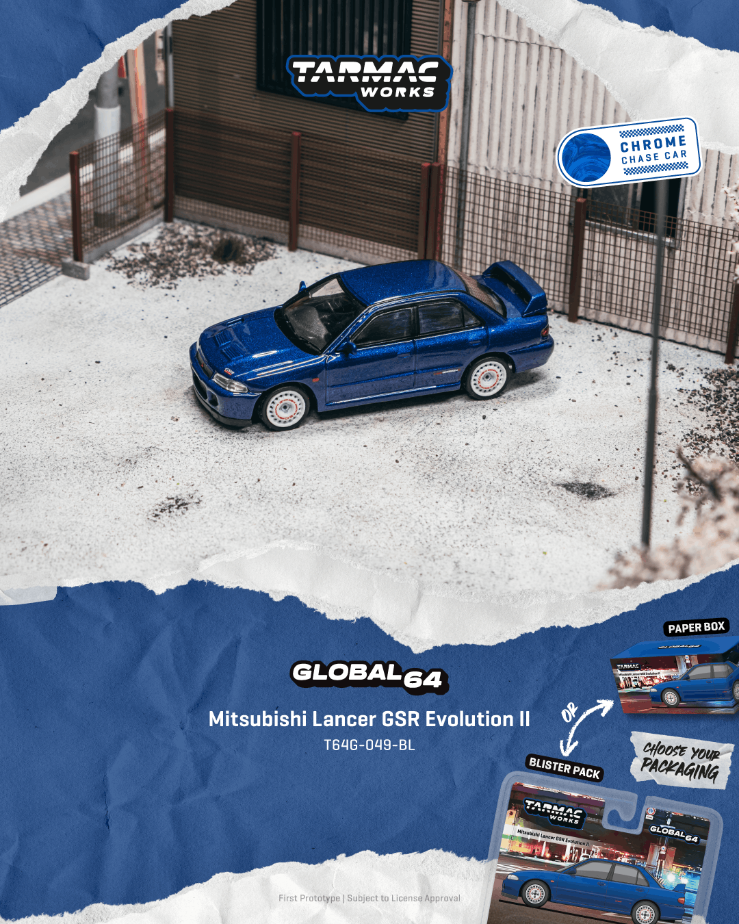 Model car of Mitsubishi Lancer GSR Evolution II in blue, displayed against a snowy background with Tarmac Works branding.