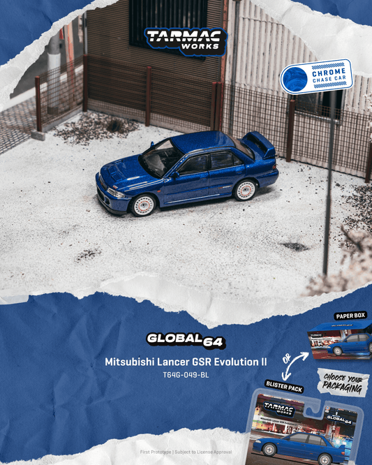 Model car of Mitsubishi Lancer GSR Evolution II in blue, displayed against a snowy background with Tarmac Works branding.