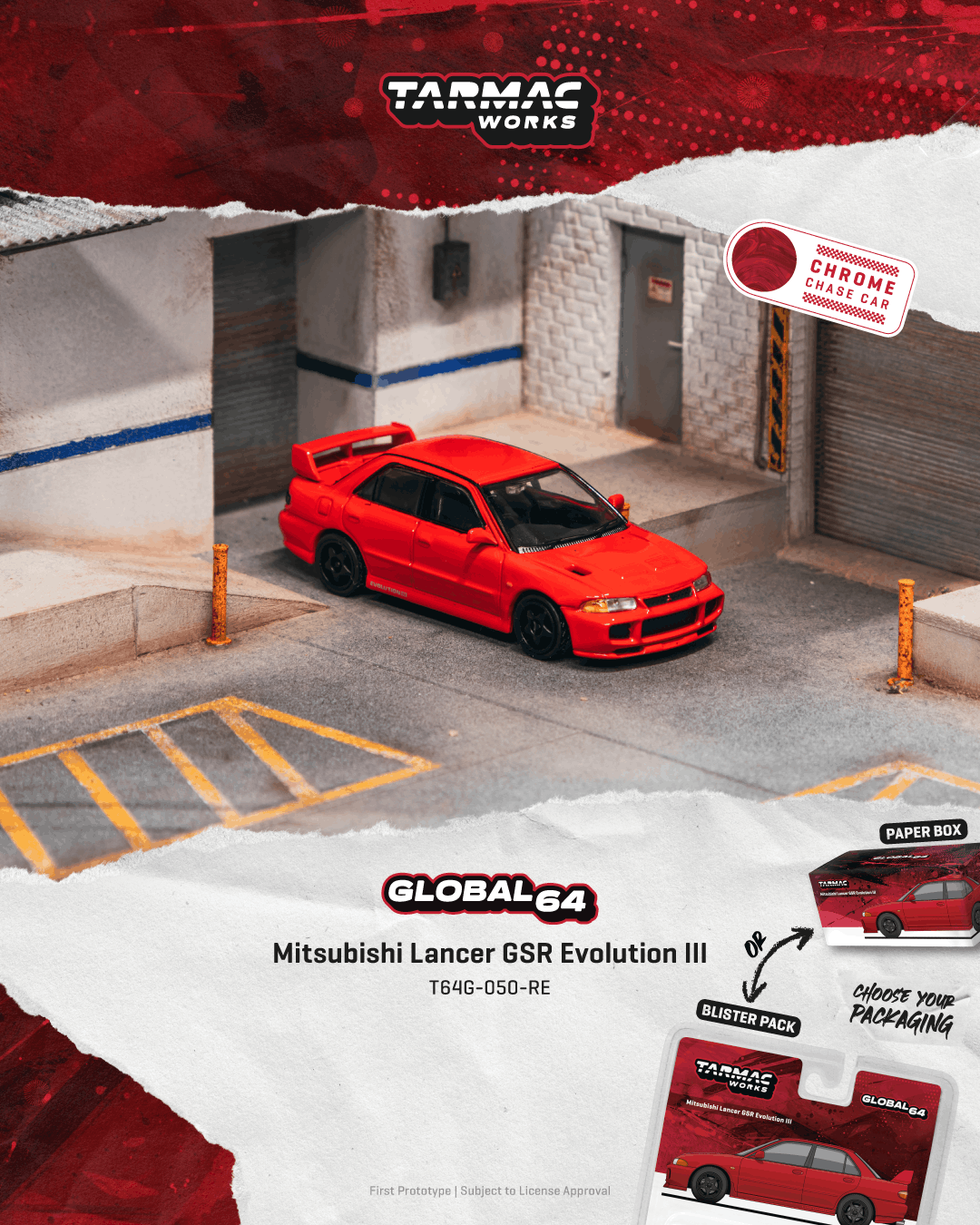 A red Mitsubishi Lancer GSR Evolution III model car displayed in a miniature garage setting. The image features Tarmac Works and Global64 branding, along with a torn-paper style graphic overlay showing a red color swatch labeled 'Chrome Red'.