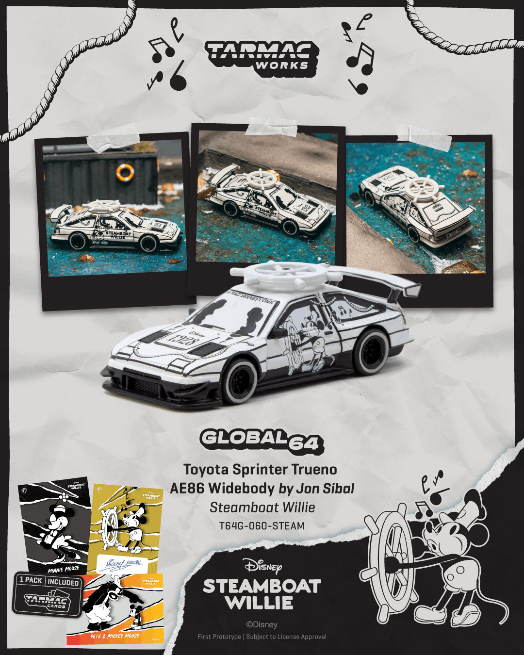Model car packaging with 'Tarmac Works' branding and 'Disney Steamboat Willie' design.
