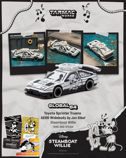 Model car packaging with 'Tarmac Works' branding and 'Disney Steamboat Willie' design.