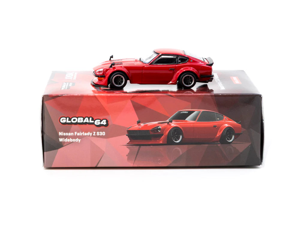 Red model car on a matching box with 'Global 64' branding