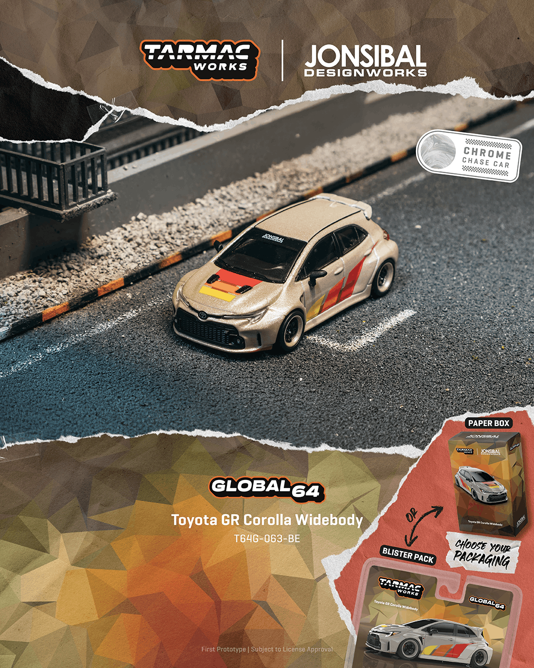 Model car on a road with Tarmac Works and Jonsibal Designworks branding.