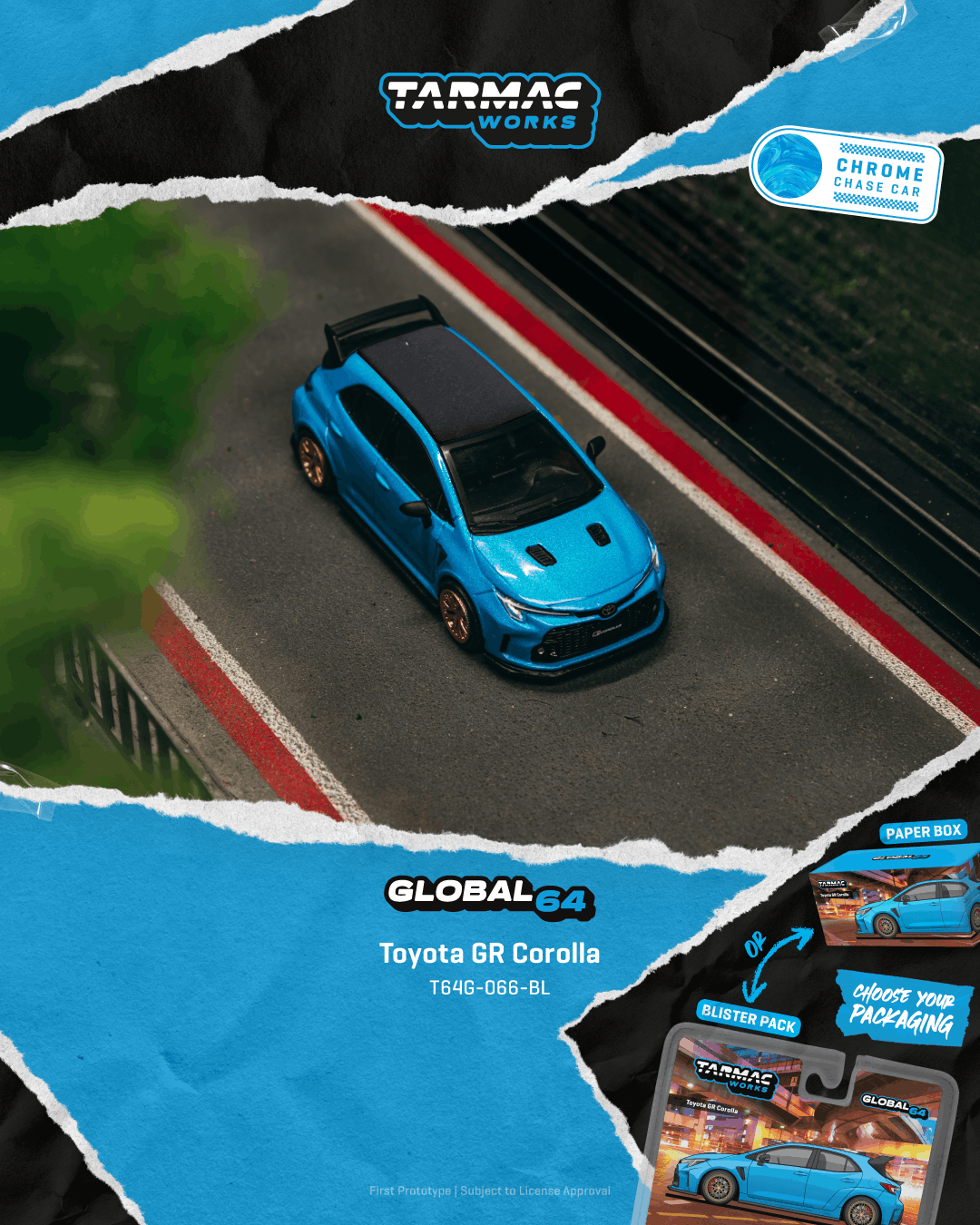 Blue Toyota GR Corolla on a racetrack with Tarmac Works branding.