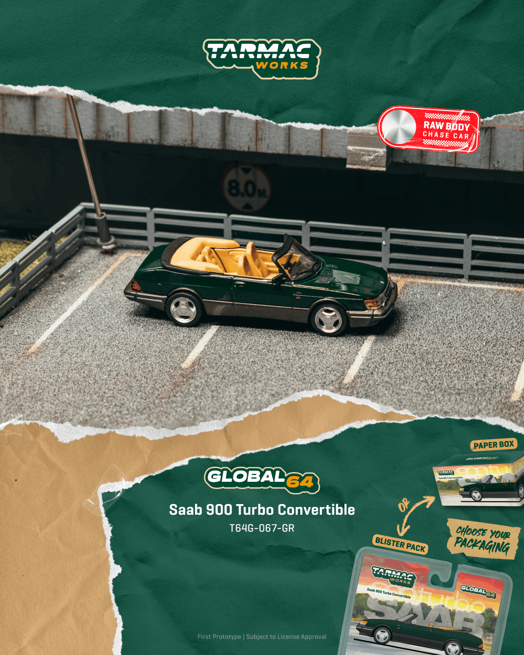 Model car of a Saab 900 Turbo Convertible on a miniature road with Tarmac Works branding.