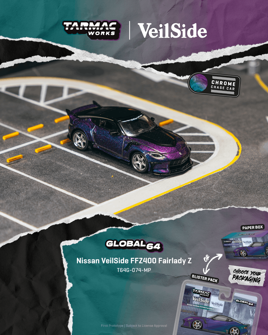 Promotional graphic for the Tarmac Works x Global64 VeilSide Nissan VeilSide FFZ400 Fairly Z 1/64 scale model car. The image features a 3D render of the purple and blue glittery model car on a miniature racetrack, with torn paper collage effects showing the product packaging and details.
