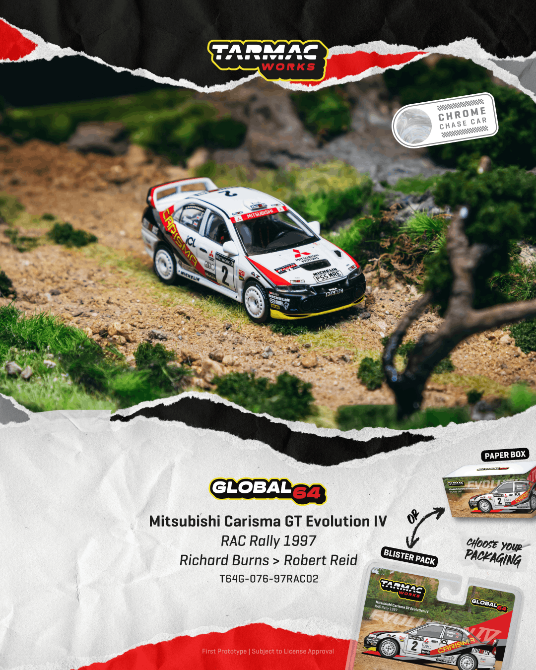 Promotional graphic for a Tarmac Games Global 24 Mitsubishi Carisma GT Evolution IV RAC Rally 1997 model car, featuring a die-cast replica on a rally track background with product details and packaging at the bottom.