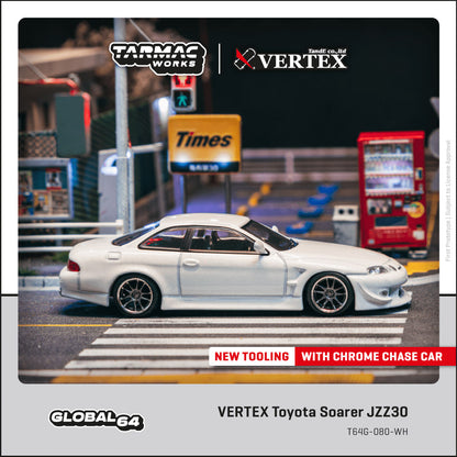 Model car of a white Toyota Soarer JZZ30 on a miniature street scene with 'Tarmac Works' and 'Vertex' branding.