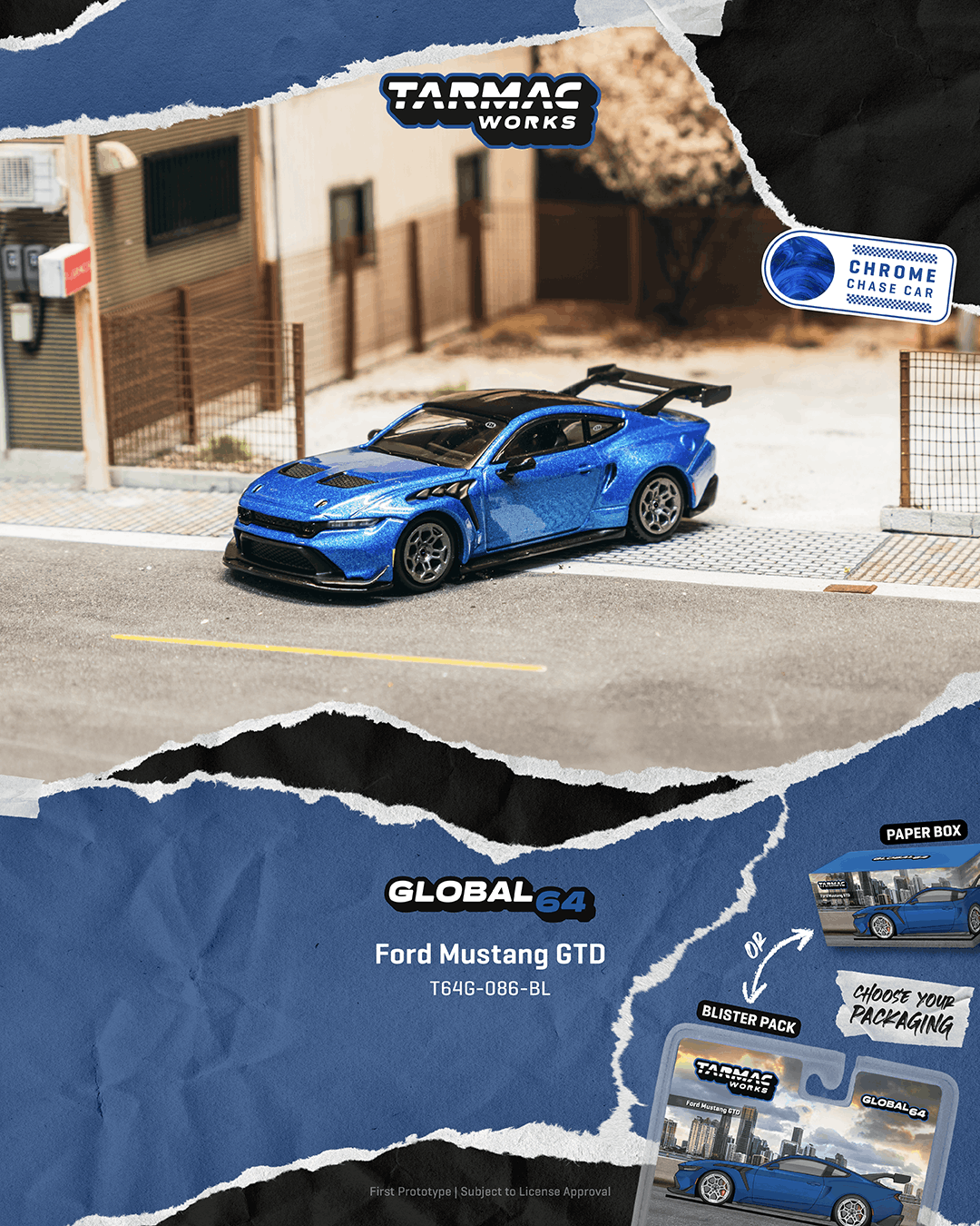 Model car of a blue Ford Mustang GTD on a street with Tarmac Works branding.
