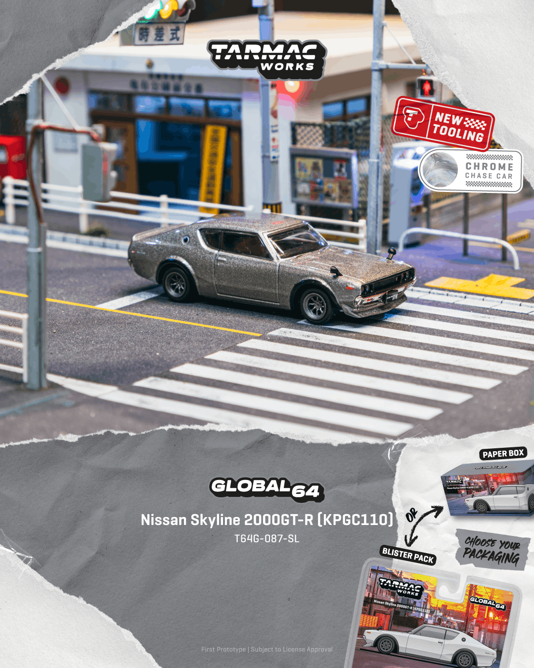 Promotional graphic for the Global64 Nissan Skyline 2000GT-R (KPGC110) chrome car by Tarmac Works. The main subject is a detailed model of the car in a miniature street scene, with promotional badges for 'New Boss Tooling' and 'Chrome Car' on the top right, and product details on a torn-paper style gray overlay at the bottom.