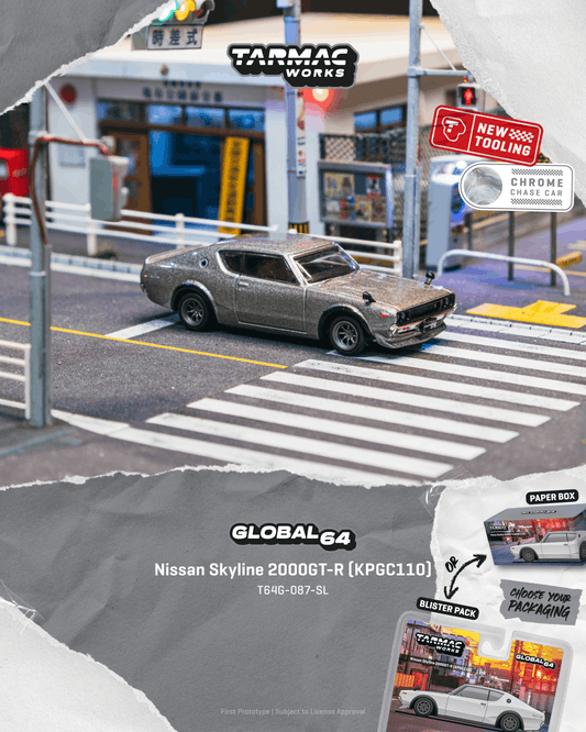 Promotional graphic for the Global64 Nissan Skyline 2000GT-R (KPGC110) chrome car by Tarmac Works. The main subject is a detailed model of the car in a miniature street scene, with promotional badges for 'New Boss Tooling' and 'Chrome Car' on the top right, and product details on a torn-paper style gray overlay at the bottom.