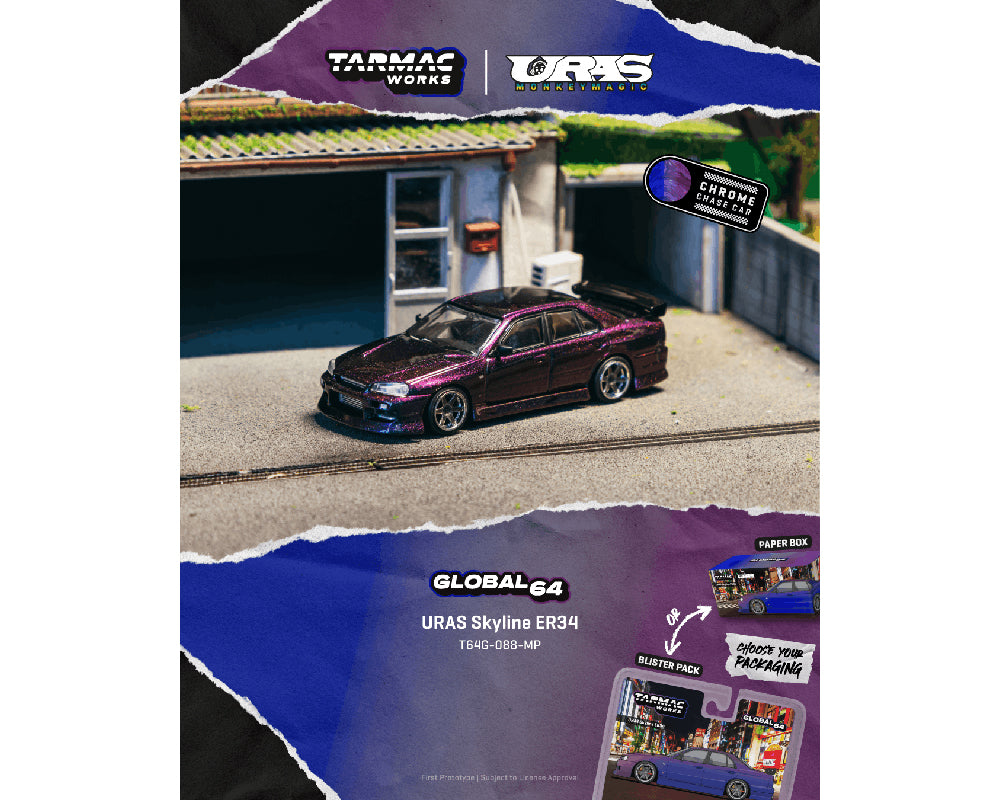 Model car on a miniature street scene with Tarmac Works and Uras branding.