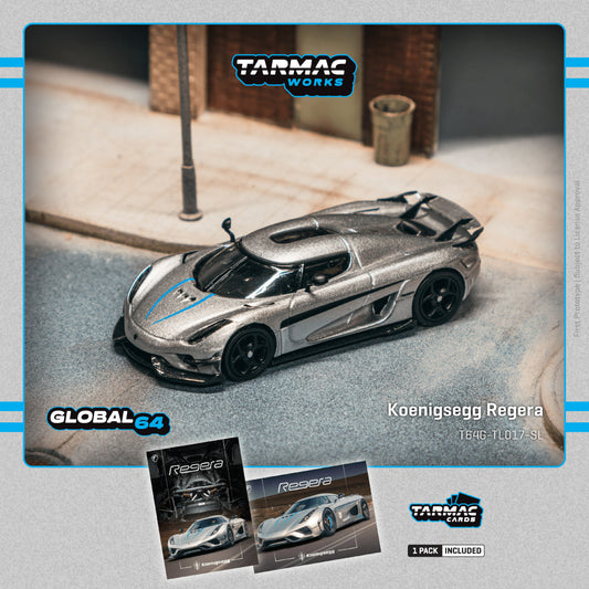 Model car of Koenigsegg Regera by Tarmac Works on a miniature street background