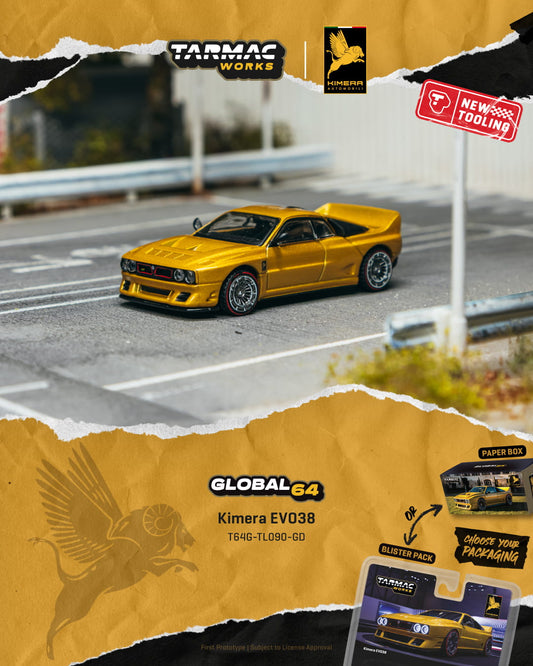 Yellow model car on a road with Tarmac Works branding and product packaging.