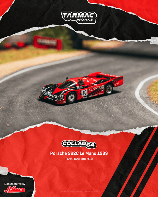 Model race car on a track with Tarmac Works branding