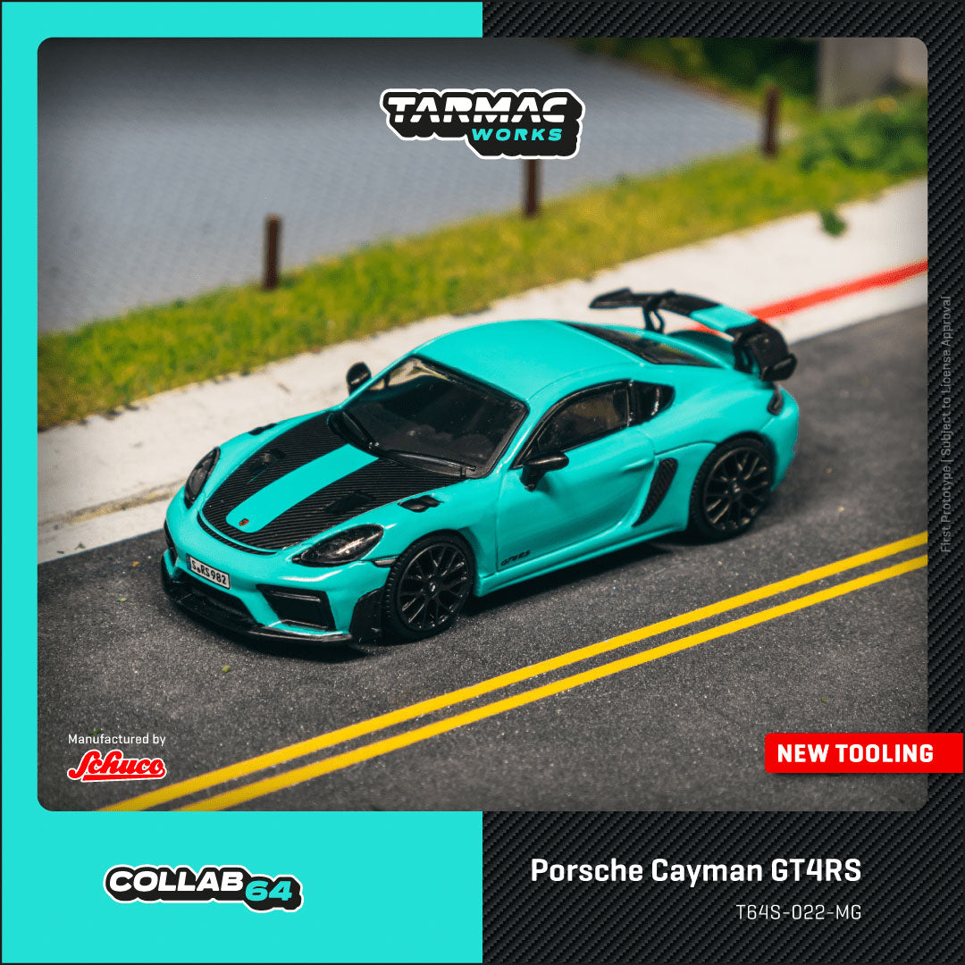 A diecast model of a Porsche Cayman GT4RS in mint green color, produced by Tarmac Works, displayed on a road surface.
