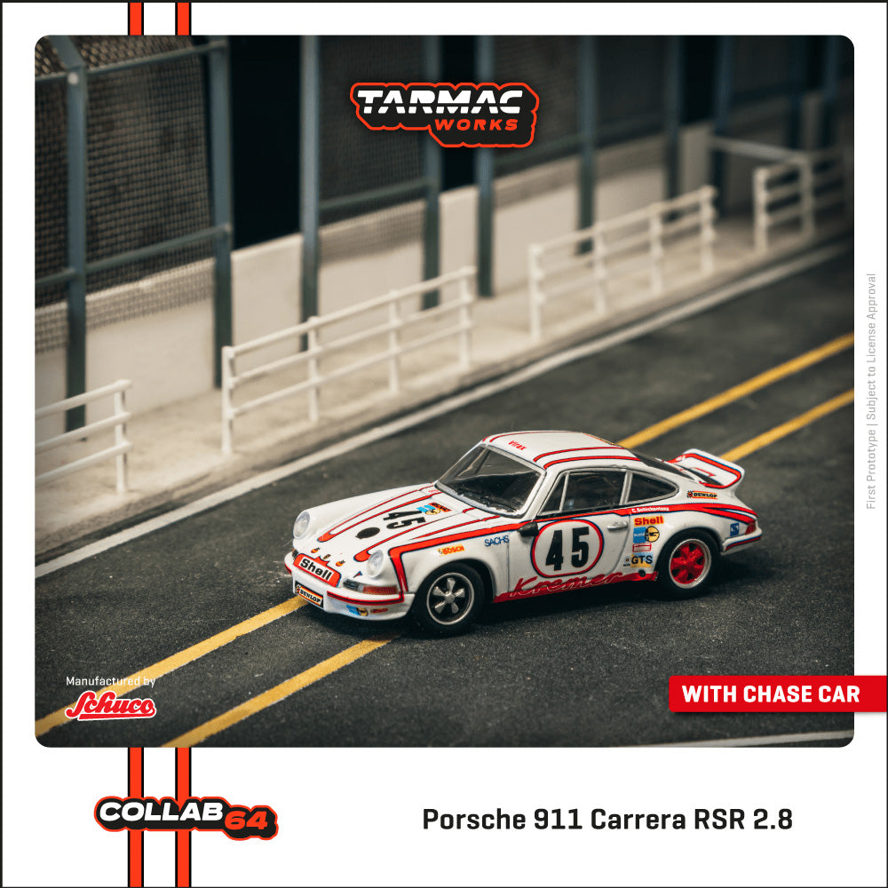 A 1:64 scale model of a Porsche 911 Carrera RSR 2.8 in white with red, black, and silver detailing, featuring the number 45, displayed on a track setting.